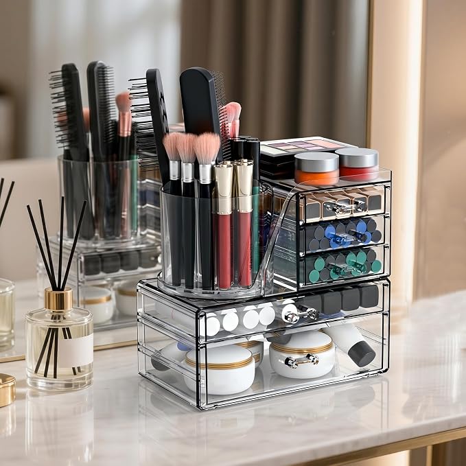 ShineMe Acrylic Makeup Organizers, 2 Tier Stackable Cosmetic Organizer for Vanity with 360° Rotating Makeup Brush Holder & 5 Drawers, Clear Hair Accessory Organizer Countertop for Dresser, Bathroom