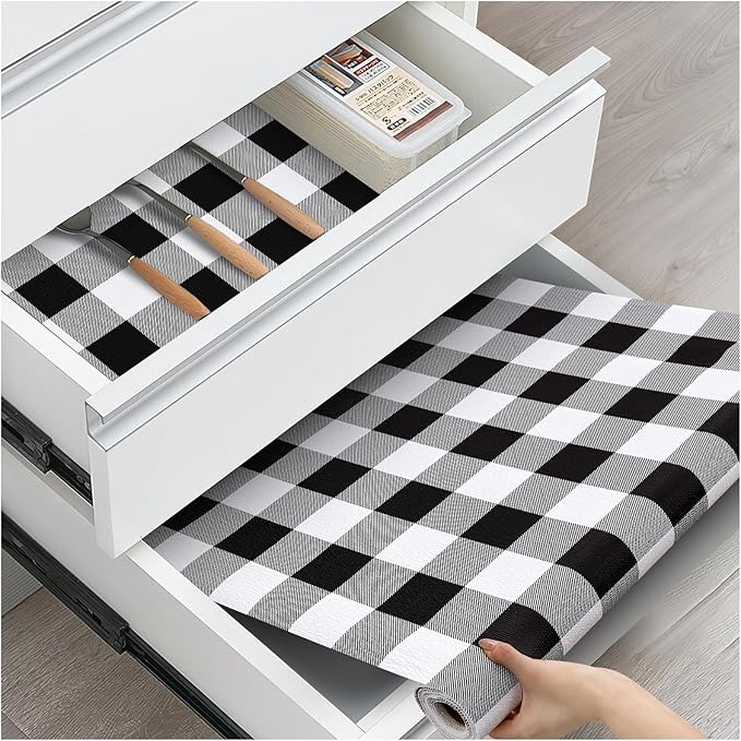 Drawer and Shelf Liner, Non-Slip Kitchen Cabinet Liners Non-Adhesive Thick Strong Grip Waterproof Washable Mats Protect Dresser Shelves Cupboard Bathroom Cabinets, Buffalo Plaid, 12 in X 20 FT