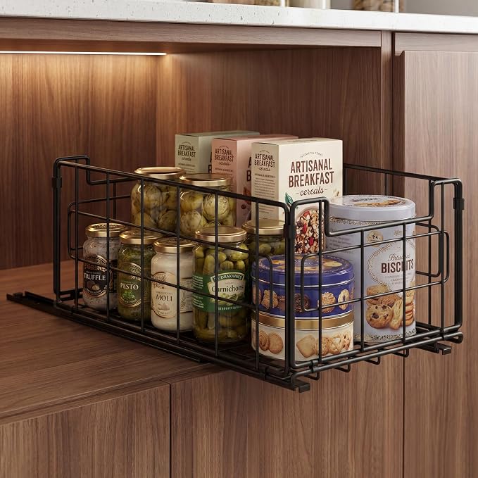 Pull Out Cabinet Sliding Basket Organizer, Heavy Duty Slide Out Drawer for Kitchen Cabinet, No Drill Adhesive Sliding Shelves for Kitchen Bathroom Home, 13.8" D x 8.5" W x 6.3" H, Black