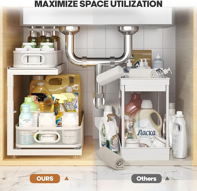 2-Pack 21.3 IN Depth Under Sink Organizer With Next-Gen Ball-Bearing Slides,Sophisticated Mesh 2-Tier Pull Out Shelf for Kitchen & Bathroom,Fits Small Items-White(Patented)