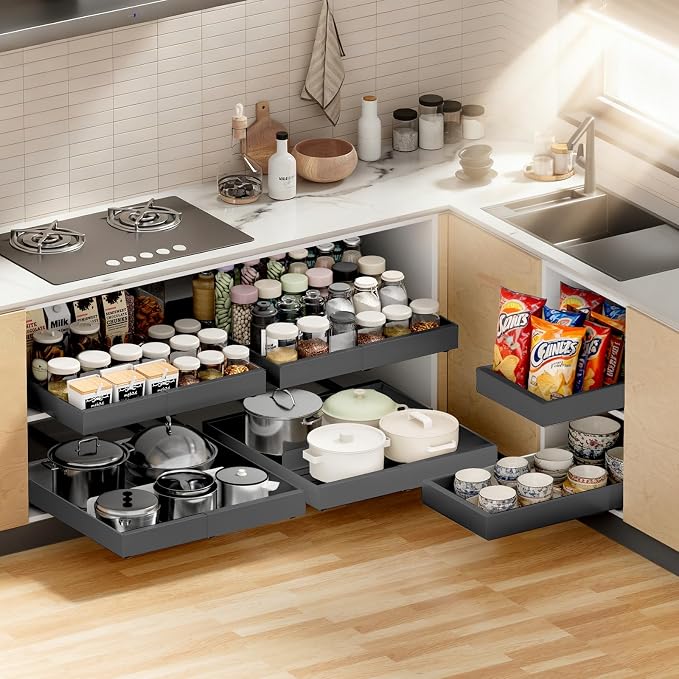 YJHome 1 Pack Pull Out Cabinet Organizer, No Drill Expandable Width 12"-20" & 21" Depth, Adhesive or Screw-In Installation, Magnetic Divider for Custom Storage, for Kitchen Pantry Bathroom Cabinet
