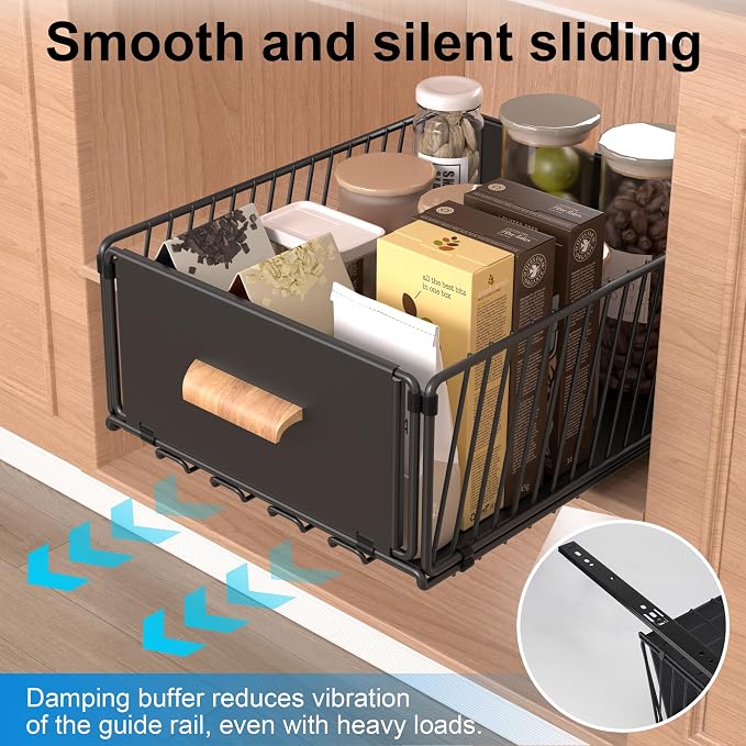 MEKOTRICIN Pull Out Cabinet Organizer, Slide Out Drawer Organizers Storage Fixed with Adhesive,Sliding Pantry Shelves with Handle for Kitchen Cupboard Bathroom Home, 11.8x6.7in, Black