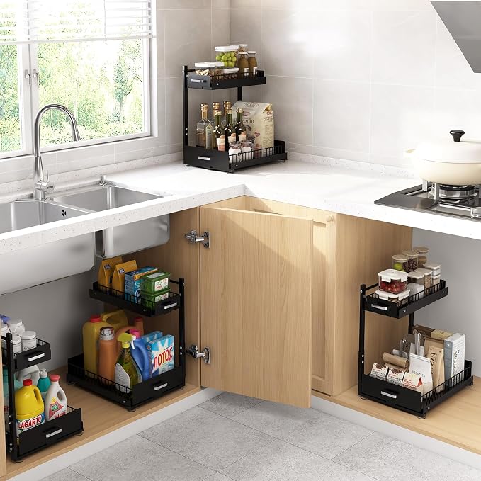 Under Sink Organizer, 2 Tier Slide Out Cabinet Organizer with Pulley, Height Adjustable Pull Out Shelf for Kitchen, Bathroom, Laundry and Utility Storage, Black, 1 Pack