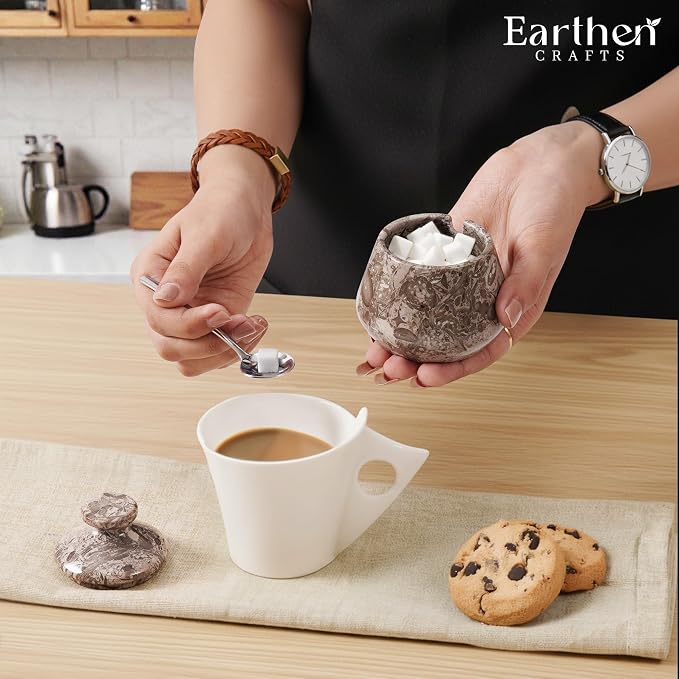 Marble Salt Cellar with Lid and Spoon 3" Inches Oceanic Salt Box Spice Jar Handmade Stone Salt Holder Sugar Storage Container for Dinning table Countertop, Ideal Gift For Kitchen Decor