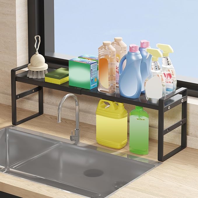 1pc Small Narrow Tall Shelf for Windowsill Kitchen Organizer Stackable Shelves Bathroom Sill Thin Shelves for Narrow Spaces Counter Top Racks (Black, L13.8-23.6'' * W5.9'' * H7.2'')