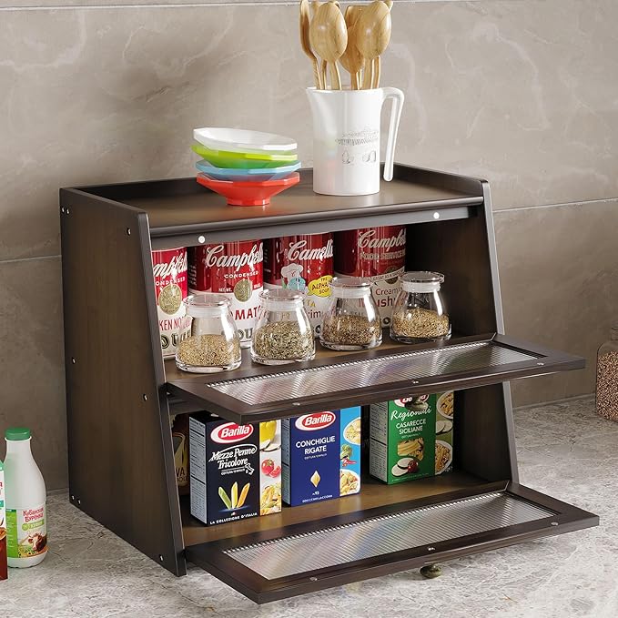Double Layer Large Bamboo Bread Box for Kitchen Counter, Wooden Large Capacity Bread Storage Bin with Window Bread Holder (Brown)