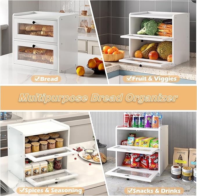 Alpeir Double Layer Large Bread Box for Kitchen Countertop, White | Ventilation Hole, Longer Fresh, Natural Wood, Fit Homemade Bread & Baked, Extra Top Storage, Acrylic Window, Modern Style