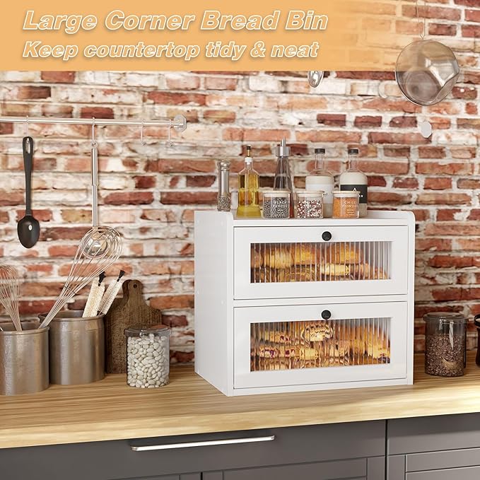 Alpeir Double Layer Large Bread Box for Kitchen Countertop, White | Ventilation Hole, Longer Fresh, Natural Wood, Fit Homemade Bread & Baked, Extra Top Storage, Acrylic Window, Modern Style