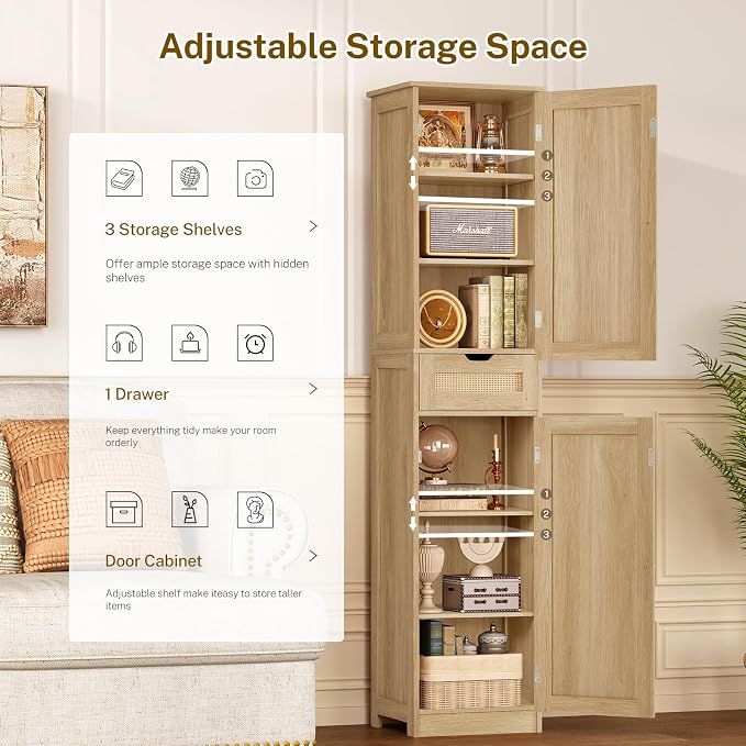 TEENFON 67" H Tall Storage Cabinet with 2 Rattan Doors and 1 Drawer, Narrow Rattan Cabinet with Adjustable Shelves, for Living Room, Entryway, Kitchen, Natural
