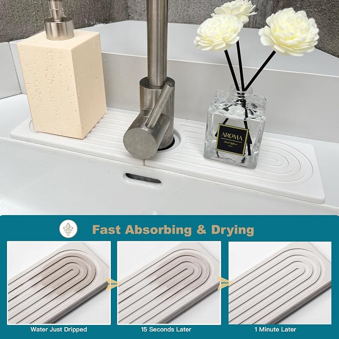 Faucet Mat for Kitchen Sink, Stone Drying Mat for Kitchen Counter, Stone Mat Bathroom, Kitchen Mat, Sink Mat, Water Absorbing Stone Tray for Sink, Bathroom Stone Mat (WHITE, 15.8*4")