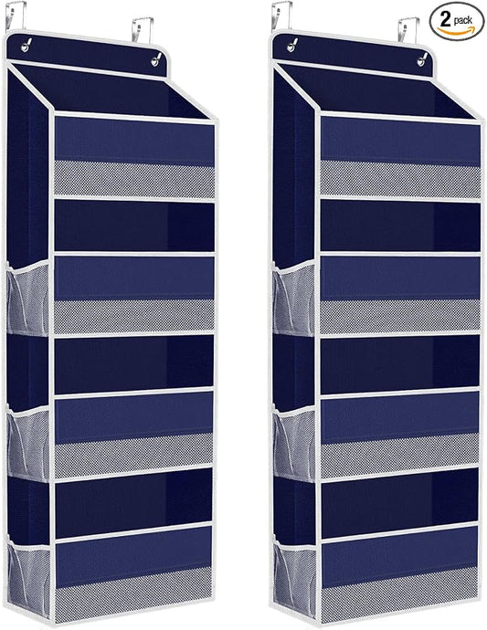 SpaceHacks 2 Pack Over The Door Organizer, Hanging Storage Organizer with Clear Window, 40lb Ultra Sturdy Large Capacity Room Organizer for Pantry Laundry Bathroom Nursery Closet (Blue)