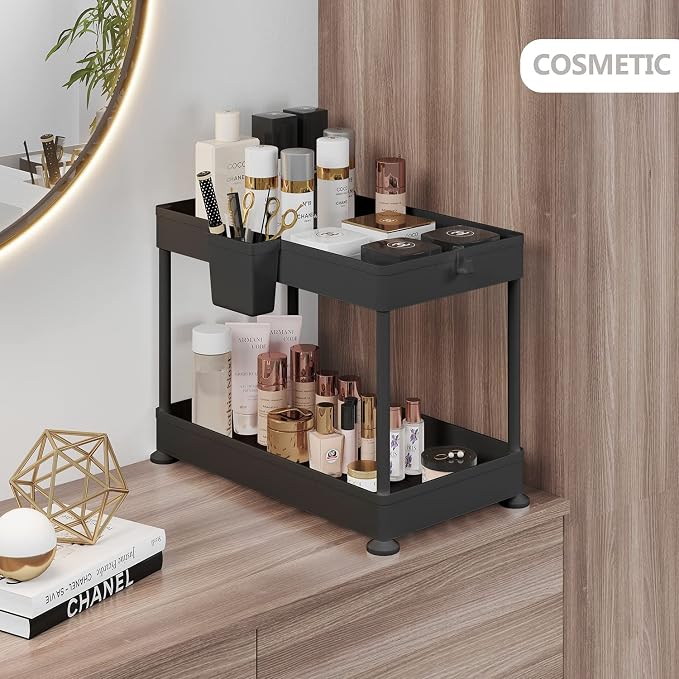 Under Sink Organizers and Storage | Bathroom Cabinet Organizer, Sink Shelf with Utility Hooks and Side Caddy for Under Cabinet Storage | Black (2-Pack) Non Slip Grip Under Kitchen Sink Organizer