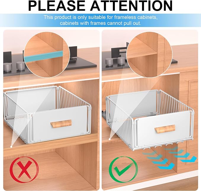 MEKOTRICIN Pull Out Cabinet Organizer, Slide Out Drawer Organizers Storage Fixed with Adhesive,Sliding Pantry Shelves with Handle for Kitchen Cupboard Bathroom Home, 11.8x6.7in, White