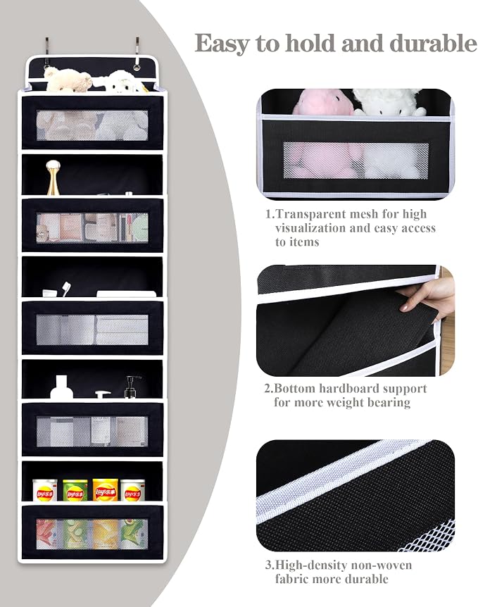 Over The Door Organizer, Reinforced Composite Fabric with Reinforced Stitching and Anti-Sag Structure, 44LB Capacity, 5 Large Pockets & 10 Mesh Pockets for Bathroom, Nursery & Laundry Room (Black)
