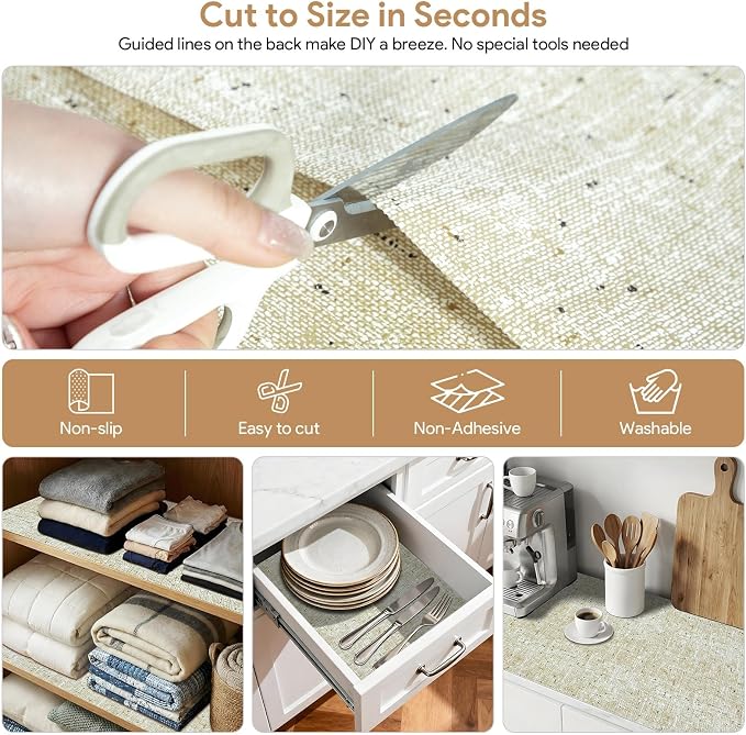 2Rolls*20'' X 72'' Beige Shelf Liner Drawer Liner for Kitchen Cabinet Non Adhesive, Strong Grip Anti Slip Cabinet Liners for Shelves, Oil-Proof Waterproof Cupboard Liner