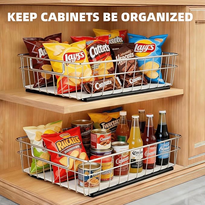 Pull Out Cabinet Organizer, 1 Pack Stainless Steel Pull Out Drawers for Cabinets with Silent Full-Extension Slides, Heavy Duty Kitchen Cabinet Organizer for Home Kitchen Pantry