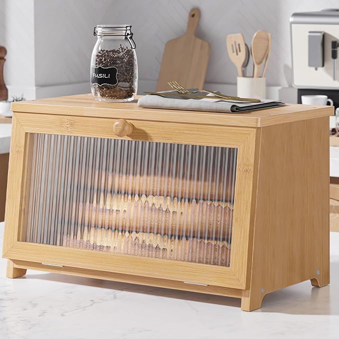 Kitsure Bread Box - Wooden Bread Box for Kitchen Countertop, Large Capacity Kitchen Countertop Organizer, Stylish Bread Storage with Window, Multi-functional Container, Bamboo, 15.0"x8.3"x9.1" (1T)