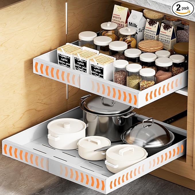 YJHome 2 Pack Pull Out Cabinet Organizer, No Drill Expandable Width 12"-20" & 21" Depth, Adhesive or Screw-In Installation, Magnetic Divider for Custom Storage, for Kitchen Pantry Bathroom Cabinet
