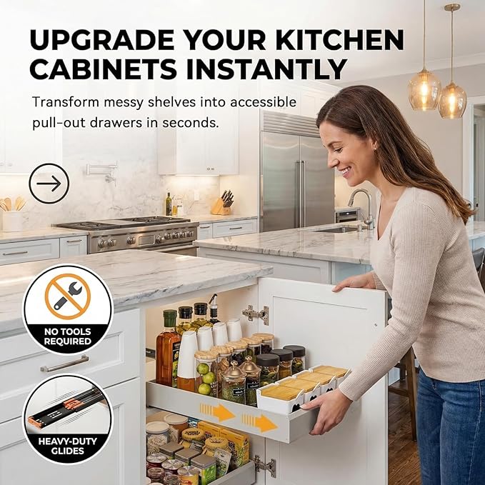 Pull Out Cabinet Organizer, Slide Out Drawers for Kitchen Cabinets, Heavy Duty Cabinet Pull Out Shelves with Adhesive Mount, No-Drill Space Aluminum Rolling Tray for Pantry, Bathroom & Base Cabinets