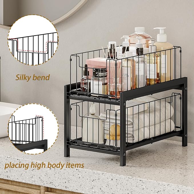 INGIORDAR 1 Pack Under Sink Organizer 2 Tier Multi Purpose Pull Out Cabinet Storage Organizers for Bathroom and Kitchen Under Sink Shelf Rust-resistant Coating Height Adjustable Black