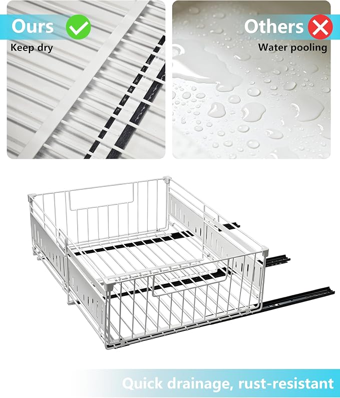 KimHong 2 Pack Pull Out Cabinet Organizer, Expandable Drawer Organizer with Adjustable Width 12.4"-19.5", Adhesive No Drill Under Cabinet Shelves for Home Kitchen Pantry with Silent Slides