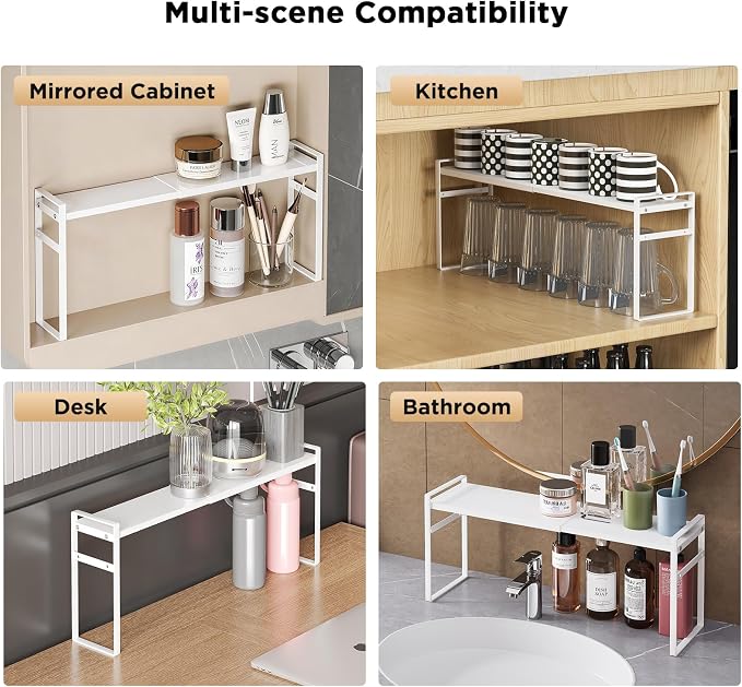 Expandable Narrow Shelf Organizer, Tall Countertop Organizer for Tight Spaces, Windowsill Plant Stand, Over-Sink/Faucet Shelf, Kitchen Counter Storage, Bathroom Vanity, Laundry Room (White)