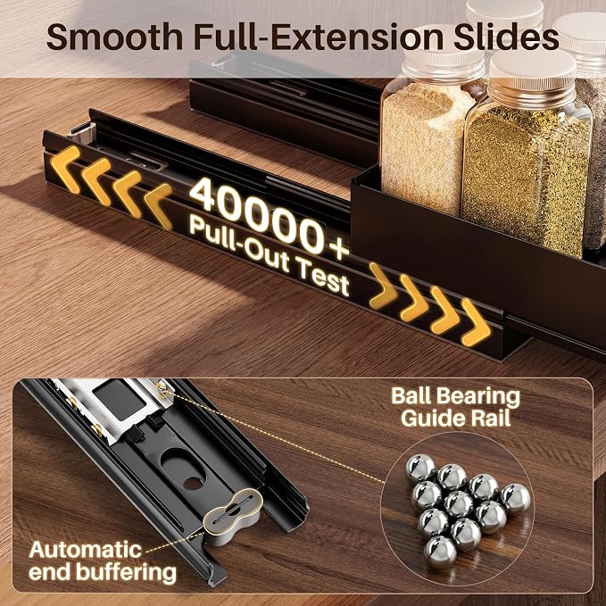 SNTD Pull Out Spice Rack for Upper Cabinet - Expandable Organizer with Smooth Ball Bearing Slides, No Drill Mounting Spice Storage for Kitchen (2 Pack, 7.2" to 12.9" W X 10" D X 2.2" H)