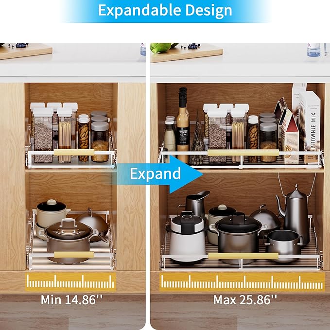 Expandable Pull Out Drawer Cabinet Organizer, Adjustable Width Bottom-Mounted Slide Out Storage Shelves for Cabinets (1, L - Cabinet Size (14.86"~25.86", D≥22.5"))