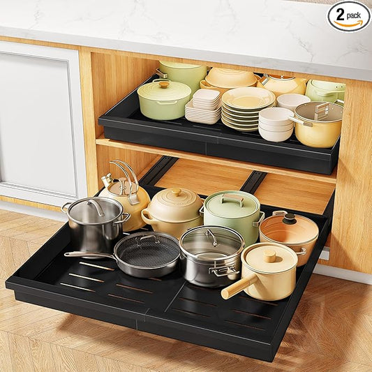 Pull out Cabinet Organizer, 2-Pack Expandable(13.6"-24") Silde out Drawers with Raising Pad for Framed Cabinets, Adjustable Full-Extension Adhesive Roll out Shelves for Kitchen Pantry Home Pot and Pan