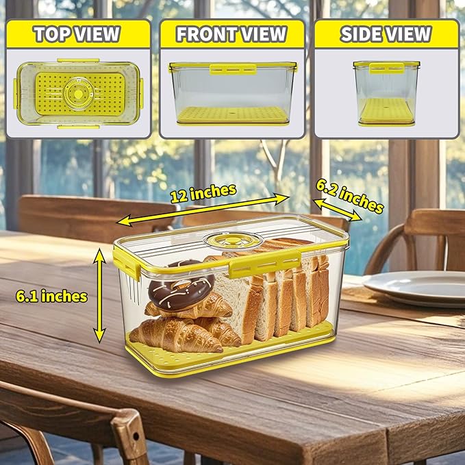 2 Pieces Bread Box for Kitchen Countertop, Airtight Bread Container with Lid, Date Dial, and Drain Tray, Bread Storage for Homemade Bread, Toast, Cookies