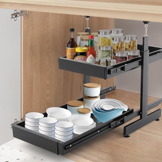 Pull Out Cabinet Organizer, Expandable Slide Out Shelves for Kitchen Cabinet (W 16"-24", H 18.5"-35.4"), No Drill 2-Tier Rolling Drawers, Slide Out Storage Rack for Pantry, Under Sink (Black)