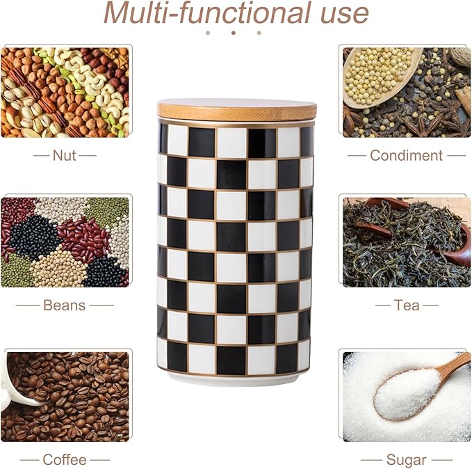 Kitchen Countertop Ceramic Canisters Set, 3Pcs Grid Pattern Kitchen Jars with Layered Shelves, Sealed Countertop Flour and Sugar Containers, Coffee and Tea Storage