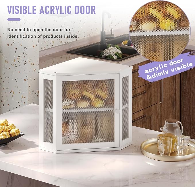 Bamboo Bread Box with Acrylic Window Display, Hinged Lid for Kitchen Countertop Storage, 15 x 8 x 6 Inches (White, Extra Lage)