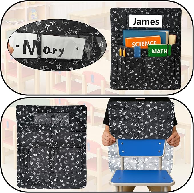 25 PCS Chair Pockets for Classroom Chairs, 15"W x 19"H Seat Sacks with 5 Pockets, Durable 600D Oxford Student Chair Bag Organizer with Name Tag Slot for K-5 Kindergarten School, Black