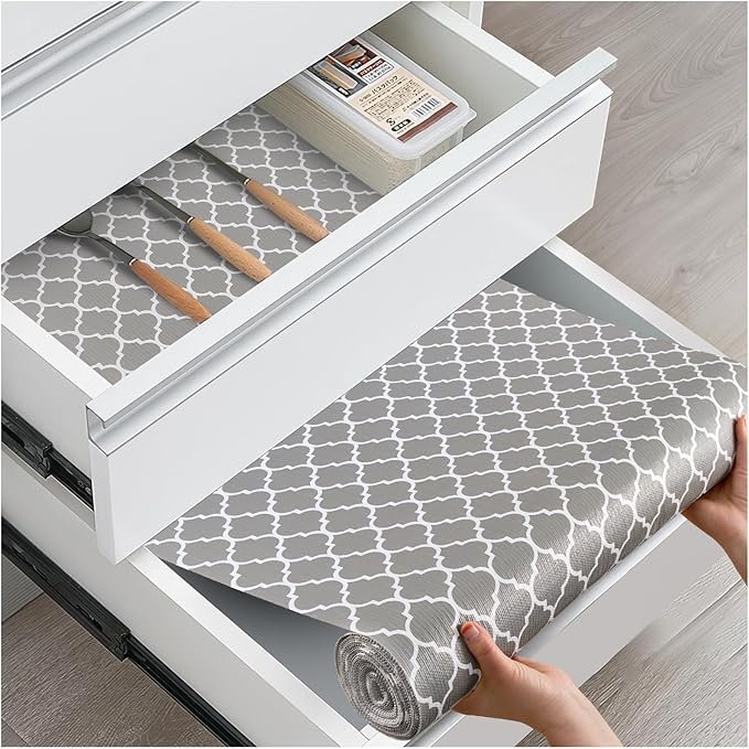 Drawer and Shelf Liner, Non-Slip Kitchen Cabinet Liners Non-Adhesive Thick Strong Grip Waterproof Washable Mats Protect Dresser Shelves Cupboard Bathroom Cabinets, Gray, 24 in X 20 FT
