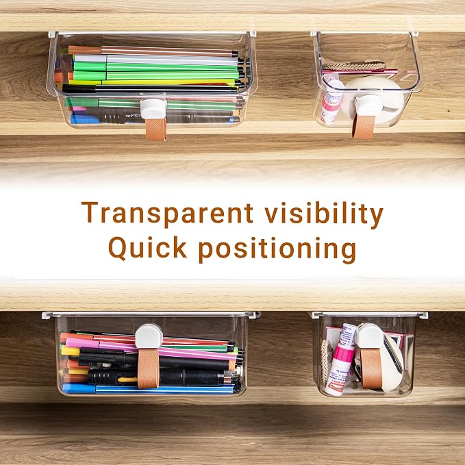 Clear Pull-Out Drawer Organizer - No-Drill Hidden Storage Tray with Handles, Transparent Plastic for Office/Kitchen/Wardrobe (2-Pack)