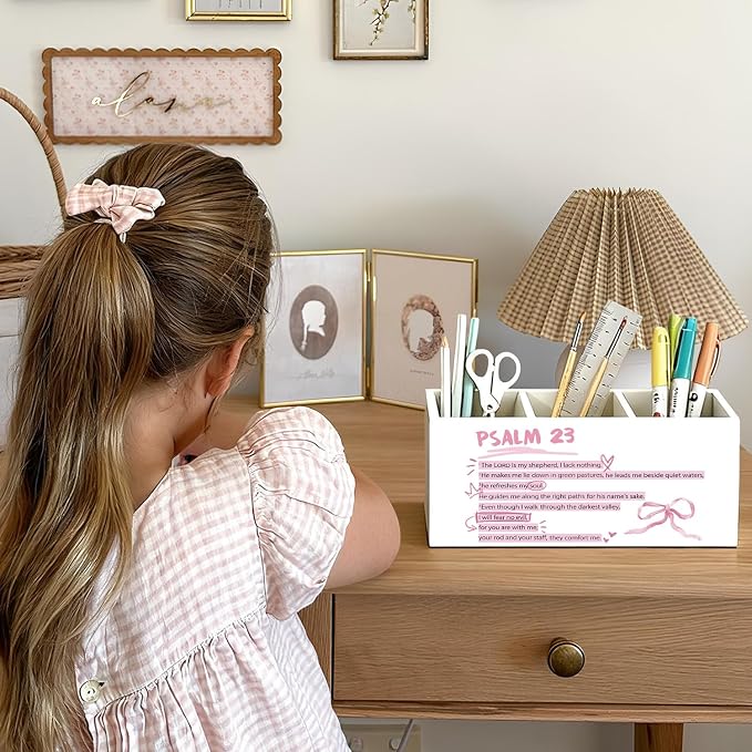 Pink Christian Pen Holder, Christian Gifts for Women Pencil Holder for Desk, Coquette Pink Bow Bible Verse Wooden Box Sign Decorations for Girly Room Bedroom Dorm Office Desk Tabletop