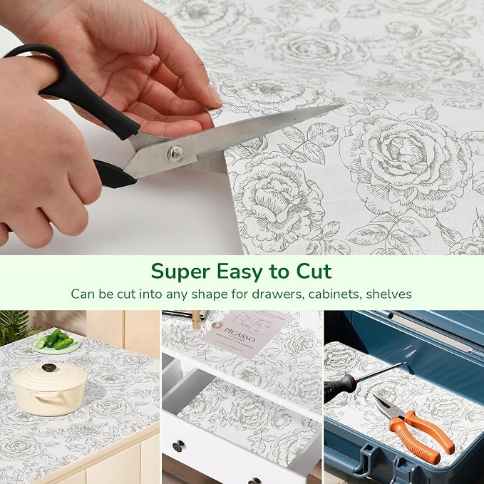 Floral Drawer and Shelf Liner for Kitchen, Non-Slip Non-Adhesive Cabinet Liners for Cupboard, Dresser, Shelves, Tool Box, Pantry, Thickened Easy Install, Strong Grip, 17.5In x 20FT, Rose