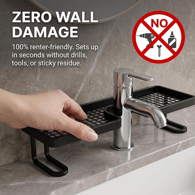Behind The Faucet Sink Organizer with 20-Pack Pull-Out Microfiber Cloths, No-Drill U-Shaped Bathroom Countertop Shelf, Holds 10 Lbs, Quick Drain Washbasin Space Saver (White)