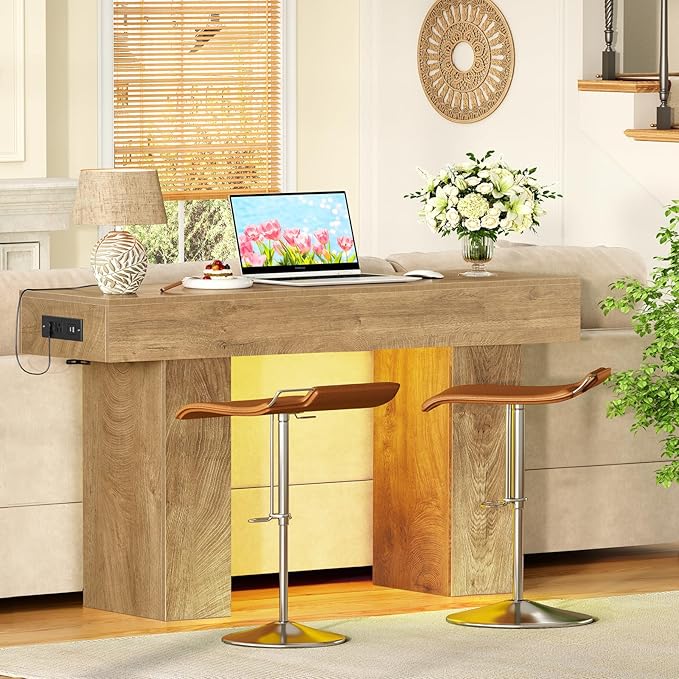 47.2" Entryway Table, Console Table with Charging Station and Adjustable LED light, Farmhouse Wood Sofa Table, Behind the Couch Table, Narrow Console Table, Entry Table for Hallway, Living Room