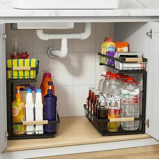 Under Sink Organizer, 2 Tier Pull Out Cabinet Organizers and Storage for Kitchen Bathroom Pantry Laundry, Adjustable Height, Slide Out Thickened Metal Storage Shelf (Black, 1 Pack)