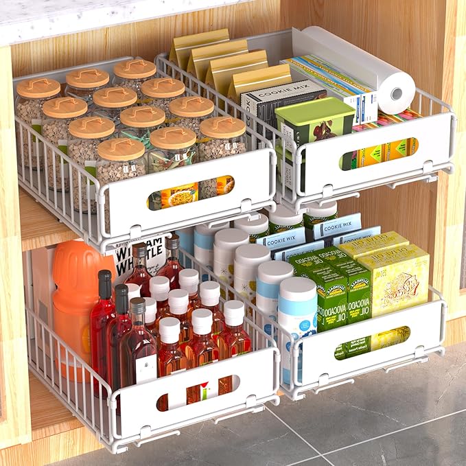 4 Pack Pull Out Cabinet Organizer, NECHEGI Heavy Duty Slide Out Pantry Drawers Shelves Storage With Strong Adhesive Strips and Handle for Kitchen, Bathroom, Living Room, Home (14.8"D X 9.6"W X 3.9"H)