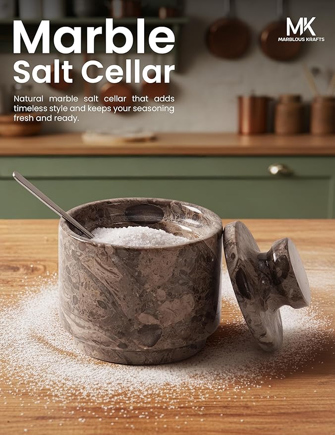 MARBLOUS KRAFTS Marble Salt Cellar Oceanic 3" Flaky Salt Dish for Countertop Ideal Spice Box, Candy Bowl, Brown Sugar Jar with Lid and Spoon, Kitchen Storage, Ideal Mother’s Day Gift for Mom