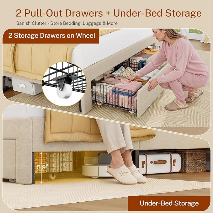 TEENFON Queen Bed Frame with Headboard and 2 Drawers Storage, Bed Frame Queen Size Built in LED Lights and Charging Station, Sturdy & Noise-Free Upholstered Platform Metal Bed, Beige