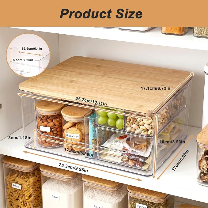 1 Pack Trash Bag Holder, Stackable Garbage Bag Dispenser with Bamboo Lid – Clear Plastic Organizer, Space-Saving Under Sink Storage for Kitchen, Laundry Room, Pantry & Cabinet
