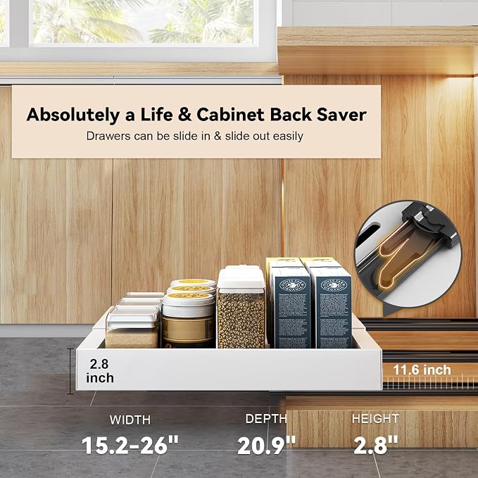 4 Pack Pull Out Cabinet Organizer for Pots and Pans, Upgraded 3-Slide Rail System with Adhesive Pads, Expandable Width (15.2"-26.2") Fits 21" Deep Framed/Frameless Cabinets, White Slide-Out Shelves