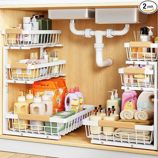 PXRACK Under Sink Organizer, 2-Pack 3-Tier Height Adjustable Thickened Metal Pull out Cabinet Organizer Shelf, Slide out Storage Drawer Rack for Bathroom Kitchen Pantry Home Organization, White