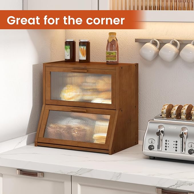 GHWIE Double Layer Bamboo Bread Box for Kitchen Counter,Large Capacity Bread Storage Bin,Bread Container with Acrylic Wavy Door Panel (Brown, Extra Large)