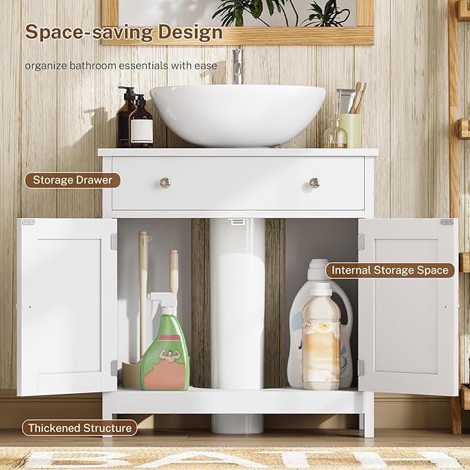 TEENFON Pedestal Sink Storage Cabinet with 2 Barn Doors and Drawer, Bathroom Sink Cabinet with U-Shape Cut-Out, Pedestal Sink Cabinet, White