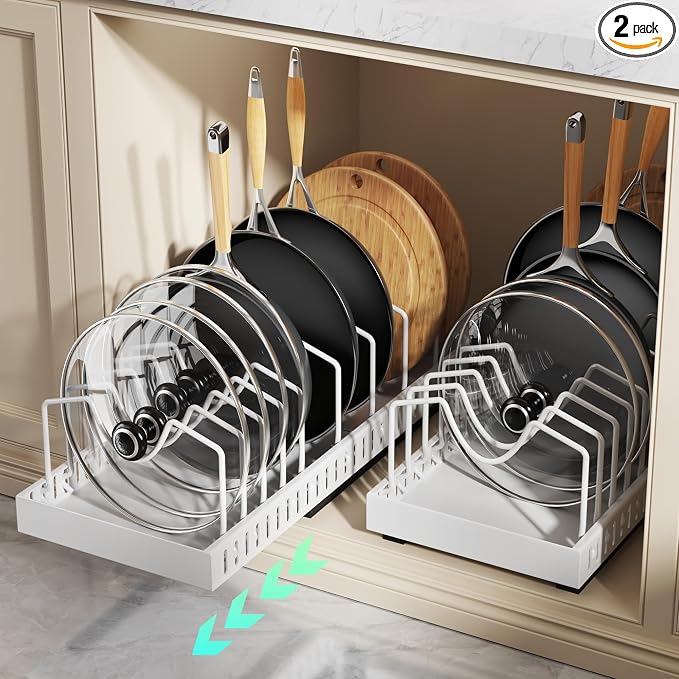 Pull Out Pots and Pans Organizer Under Cabinet, Expandable Sliding Lid Holder and Pan Rack for Kitchen, Slide Out inside Cabinet for Pot Lid, Bakeware, Dishes, 10 Adjustable Dividers, 2 Pack White
